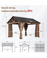 11' X 13' Hardtop Gazebo with Curtains and Nettings, Outdoor Patio Gazebos Backyard Gazebo, Wooden Finish Canopy Aluminum Frame Permanent Pavilion for