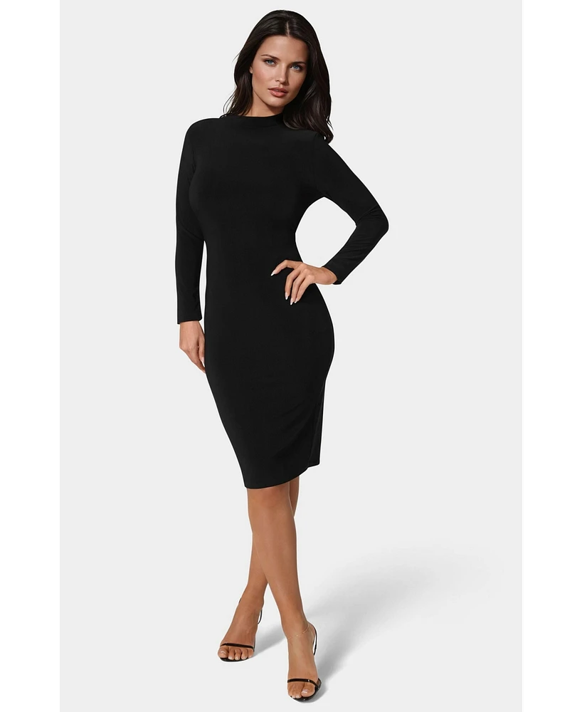 Bebe Women's Low Back Mock Neck Long Sleeve Midi Dress