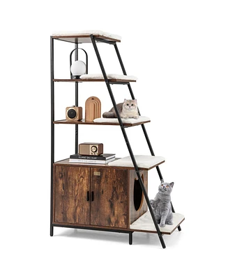 Large Cat Litter Box Enclosure with Storage & Ladder Shelf Stylish & Functional Hidden Litter Cabinet