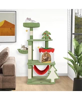 Cute Christmas Cat Tree with Scratching Posts & Gift Box-Shaped Condo Festive Playhouse for Cats