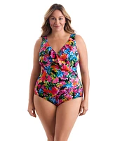 Longitude by Mimi Flamingo Blooming Bouquet Ruffle Front Surplice One Piece Swimsuit