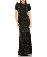 Women's Gathered Short Sleeve Beaded Gown