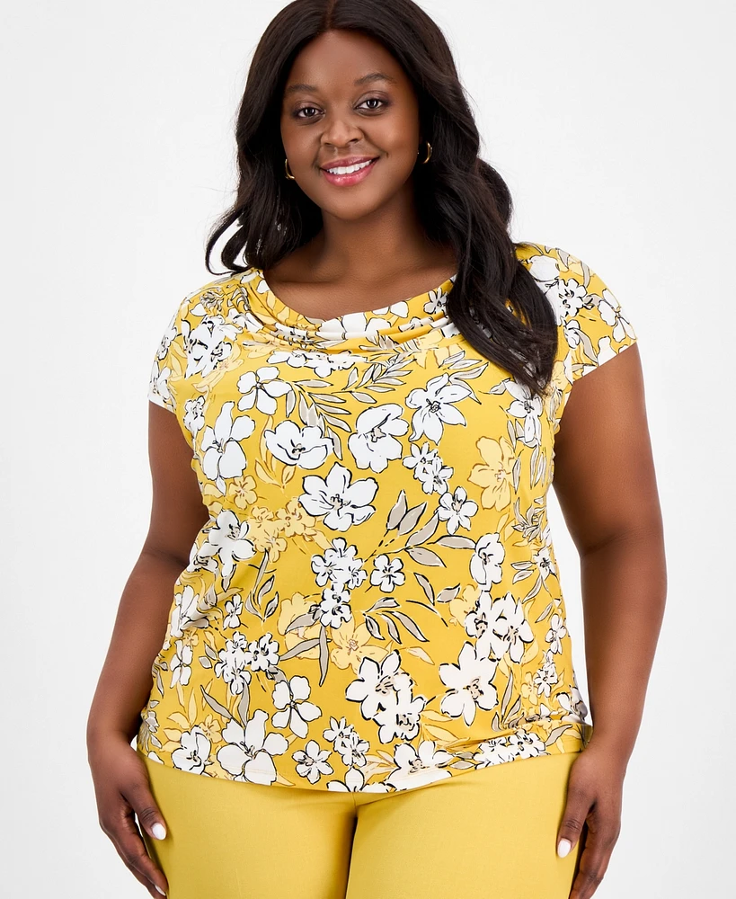 Kasper Plus Printed Cowlneck Cap-Sleeve Top