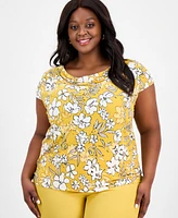 Kasper Plus Printed Cowlneck Cap-Sleeve Top