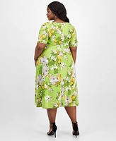 Kasper Plus Printed Tie-Waist Midi Dress