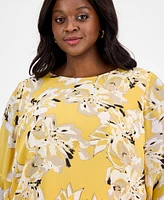 Kasper Plus Printed Ruffle-Sleeve Blouse