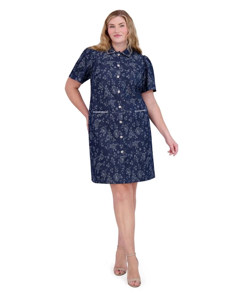 Eliza J Plus Embellished Floral Denim Shirtdress