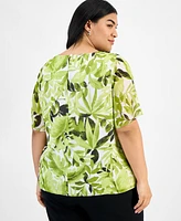 Kasper Plus Printed Flutter-Sleeve Blouse