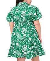 Msk Plus Printed Cotton Puff-Sleeve Belted Shirtdress