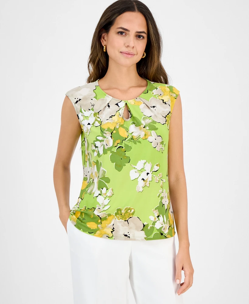 Kasper Women's Floral-Print Pleat-Neck Sleeveless Keyhole Top