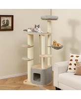 Modern Wooden Cat Tree with Perch, Condo & Hammock Stylish & Cozy Play Tower for Cats