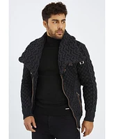 Leif Nelson Men's Knitted Shawl Collar Cardigan with Leather Buckle Detail