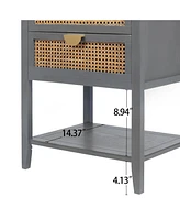 2 Drawer Nightstand Bedside Table with Rattan Drawers Side Table End Table with Storage Small Nightstand with Open Shelf for Bedroom, Blue