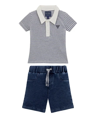 Guess Baby Boys 2-Piece Yarn Dye Piquet Polo and Knit Denim Short Set