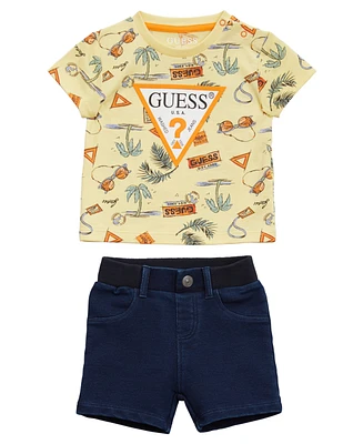 Guess Baby Boys 2-Piece Short All Over Print Sleeve T-Shirt and Knit Denim Set