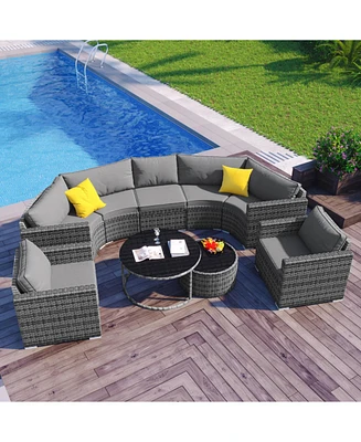 9-Pieces Outdoor Half-moon Patio Sofa Set, Round Sofa Set, Modern Style Sofa, Gray Wicker