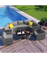 9-Pieces Outdoor Half-moon Patio Sofa Set, Round Sofa Set, Modern Style Sofa, Gray Wicker