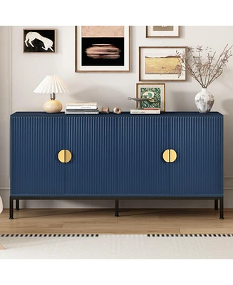 Vertical-Striped Four-Door Sideboard with Metal Legs and Semi-Circular Handles