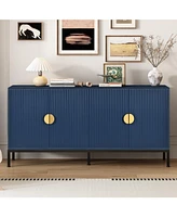 Vertical-Striped Four-Door Sideboard with Metal Legs and Semi-Circular Handles