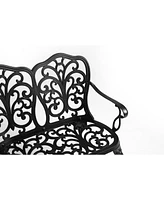Patio Garden Bench Metal Park Bench Cast Aluminum Outdoor Furniture with Floral Rose for Patio,Park,Lawn,Yard Black