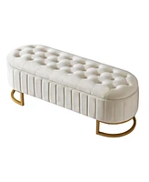 Velvet Upholstered Ottoman Storage Bench, Button-Tufted, Beige