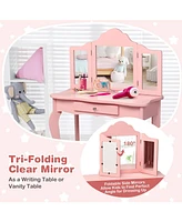 Kids Makeup Dressing Mirror Vanity Table Stool Set