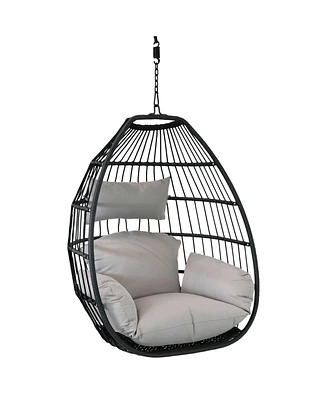 Delaney Black Resin Wicker Hanging Egg Chair with Gray Polyester Seat Cushions - 265-Pound Capacity - 50 Inches H