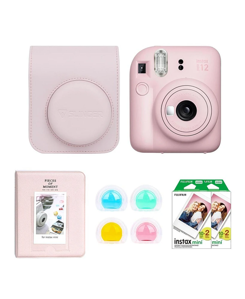 Fujifilm Instax Mini 12 Instant Film Camera, Blossom Pink Bundle with Custom Case, Accessory Kit and Daylight Film, 2x Twin Pack