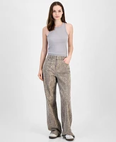 Tinseltown Juniors' Animal-Print Wide-Leg Jeans