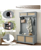 Hall Tree Entryway Bench with Shoe Storage, Rattan, Gray (40"W x 18"D x 64"H)