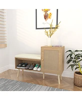 2-in-1 Shoe Bench with Cushion, Storage Shelves, and Natural Rattan
