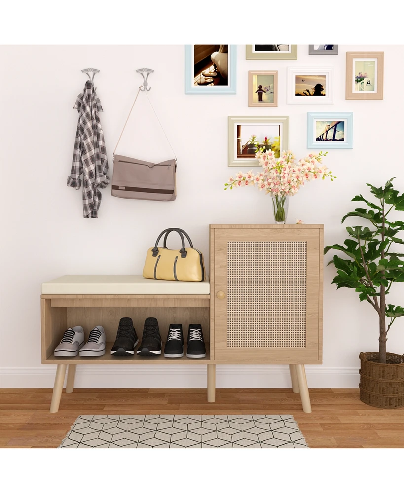 2-in-1 Shoe Bench with Cushion, Storage Shelves, and Natural Rattan