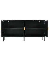 Vertical-Striped Four-Door Sideboard with Metal Legs and Semi-Circular Handles