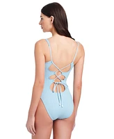 Sanctuary Women's Refresh Rib Plunging Lace Back Mio One-Piece Swimsuit