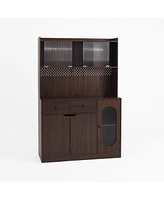 71" Tall Kitchen Cabinet with Reeded Glass Doors and Microwave Stand