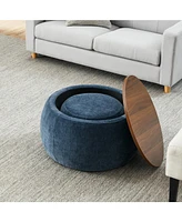 Round Storage Ottoman, 2 in 1 Function, Work as End table and Ottoman,with small seat,Dark blue(25"x25"x14.7")