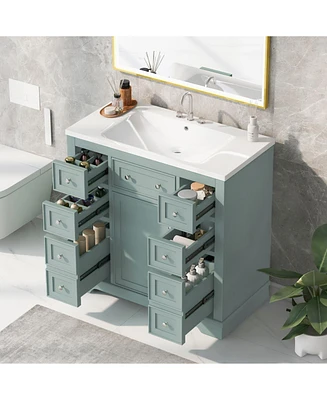 36" Bathroom Vanity with Sink Combo, One Cabinet and Six Drawers, Solid Wood and Mdf Board, Green