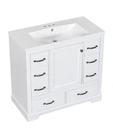 36" Bathroom Vanity with Sink Combo, Six Drawers, Multi-Functional Drawer Divider, Adjustable Shelf, White