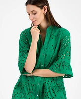 Anne Klein Women's Eyelet Embroidered Cotton Flare-Sleeve Shirtdress