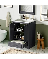 24" Bathroom Vanity with Ceramic Sink Combo, Modern Freestanding Storage Cabinet with Silver Handles, Soft Closing Doors