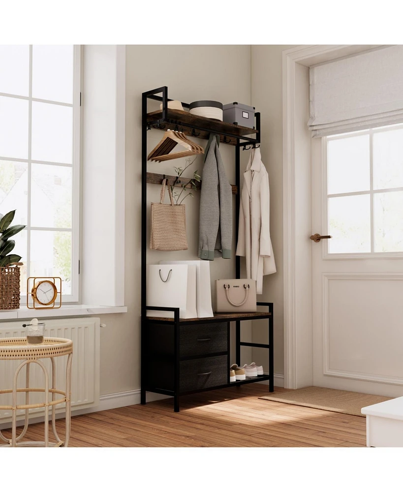 5-in-1 Entryway Bench with Drawers, Hooks, and Shoe Rack