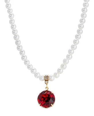 2028 Red Crystal Drop Faux Cultivated Pearl Chain Necklace