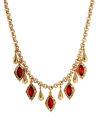 2028 14K Gold Dipped Red Glass Navette Drop Necklace