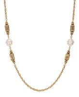 2028 Faux Cultivated Pearl Fluted Brass Long Necklace