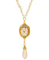 2028 Encased Faux Cultivated Pearls and Teardrop Y Necklace