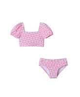 Toddler/Child Girls Smiley Print Textured Puff Sleeve Bikini