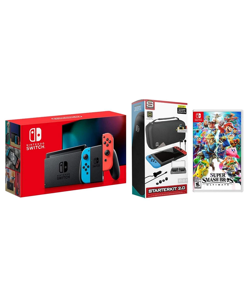 Nintendo Switch 32GB Console Neon Red/Blue Joy-Con Bundle with Surge 11-In-1 Accessory Starter Pack and Super Smash Bros. Ultimate