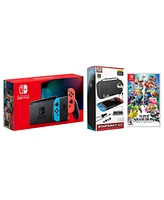 Nintendo Switch 32GB Console Neon Red/Blue Joy-Con Bundle with Surge 11-In-1 Accessory Starter Pack and Super Smash Bros. Ultimate