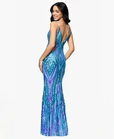 Blondie Nites Juniors' Sequin Notched-Neck Mermaid Gown