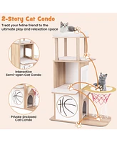 Cat Tree with 2-Story Condo, Basketball Hoop & Hammock Fun Multi-Level Play Tower for Cats